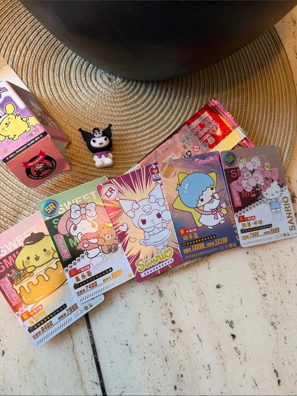 Sanrio Kuromi Trading Card 5 Pack Opened & Kuromi Doll Pendant opened